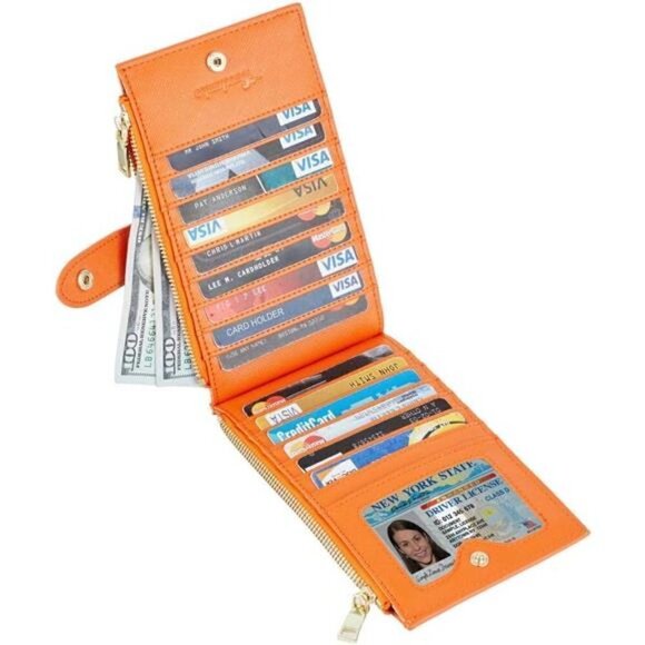 Women's Wallet RFID Blocking Bi fold Multi Card Wallet Zipper Pocket ORANGE NEW - Picture 1 of 5